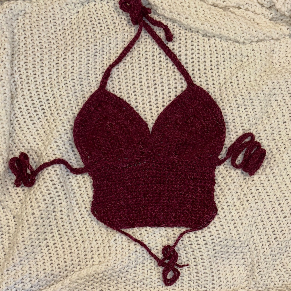 Handmade Crochet Halter Crop Top - Deep Wine